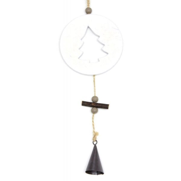 Χριστουγεννιάτικο Ξύλινο Δεντράκι, Λευκό με Μαύρο Καμπανάκι (35cm)